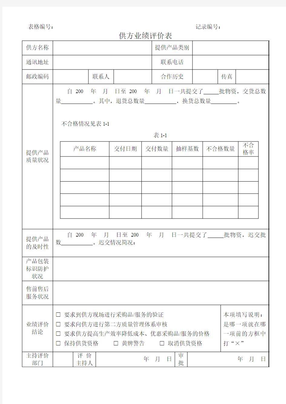 供方业绩评价表