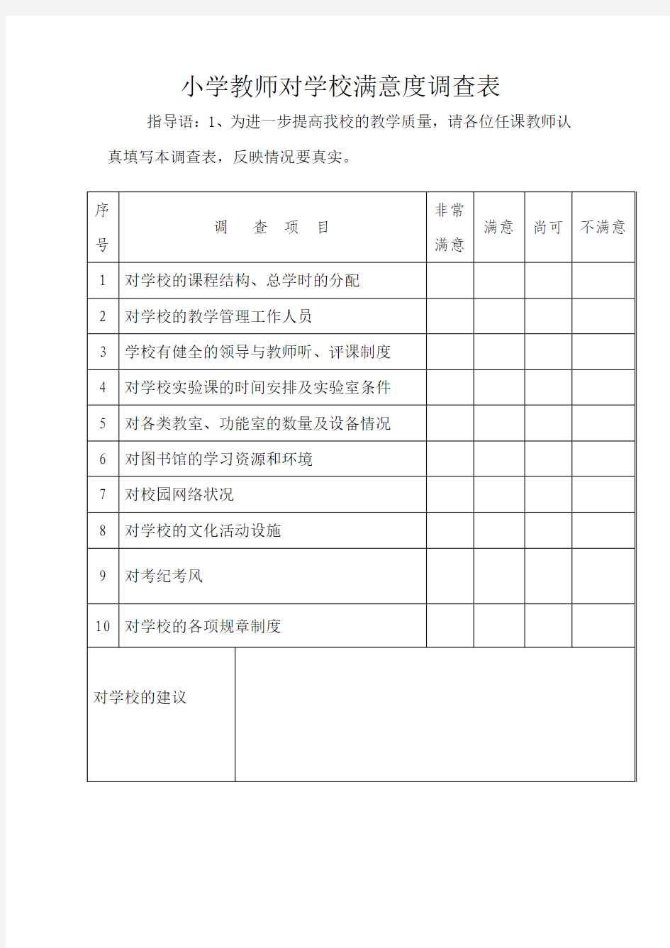 教师对学校满意度调查表