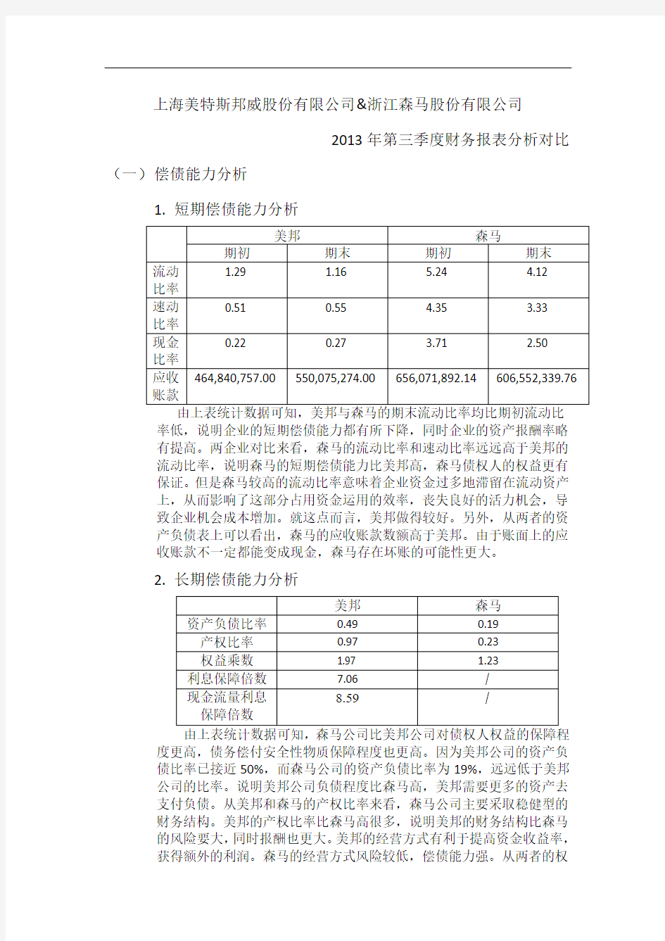 两份财务报表对比分析