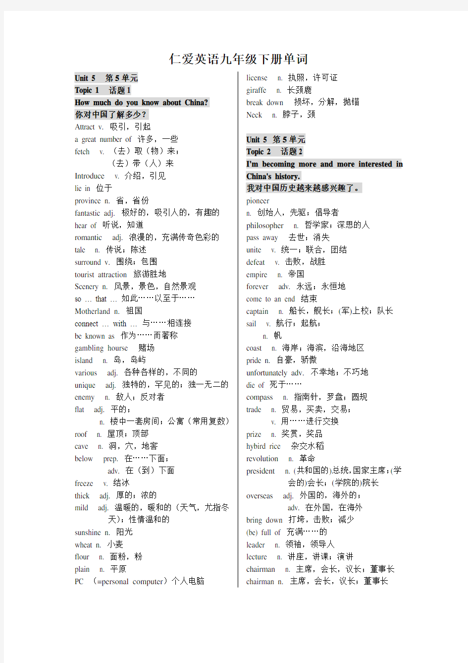 仁爱英语九年级下册单词表(中英文)