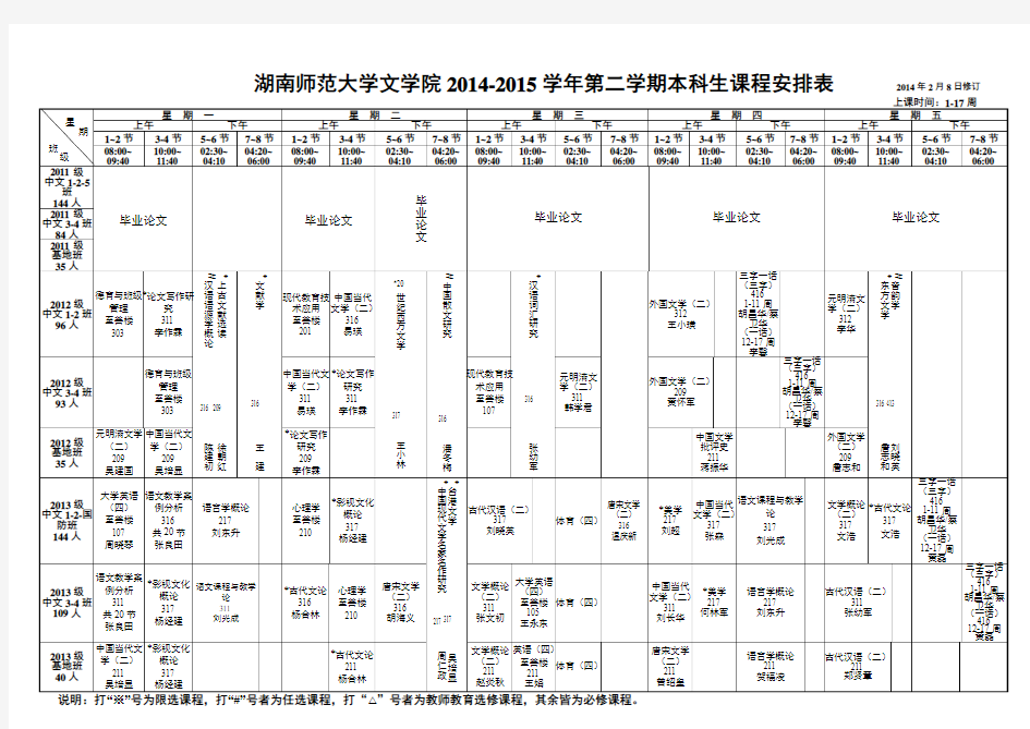湖南师范大学文学院2014-2015学年第二学期本科生课程安排表