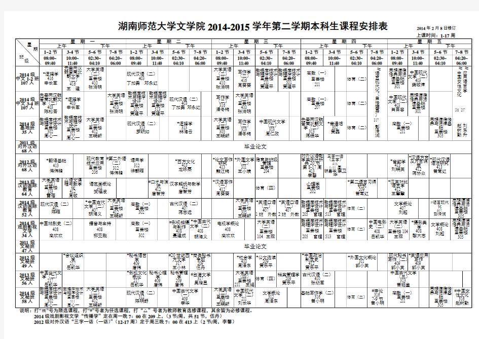 湖南师范大学文学院2014-2015学年第二学期本科生课程安排表
