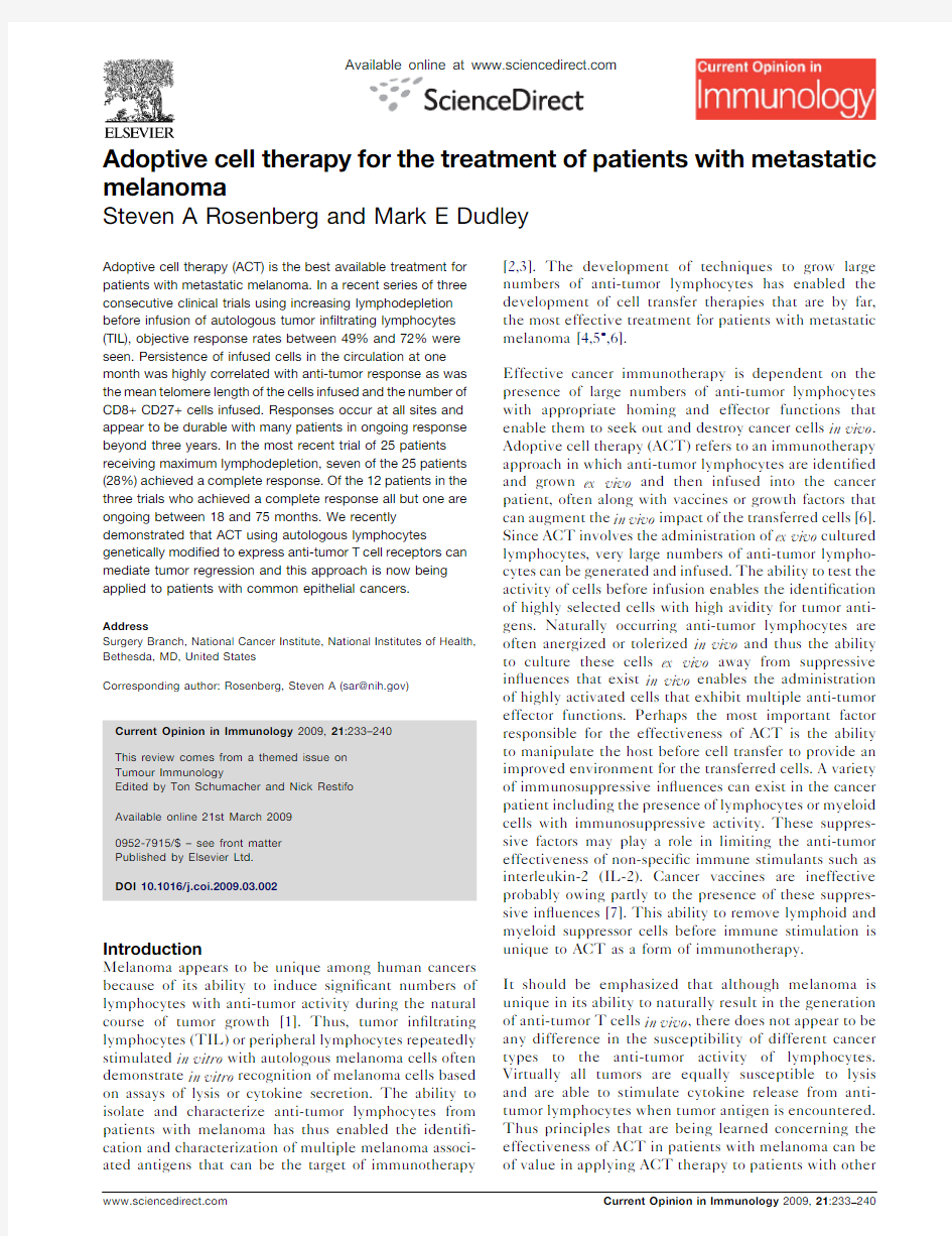 Adoptive cell therapy for the treatment of patients with metastatic melanoma