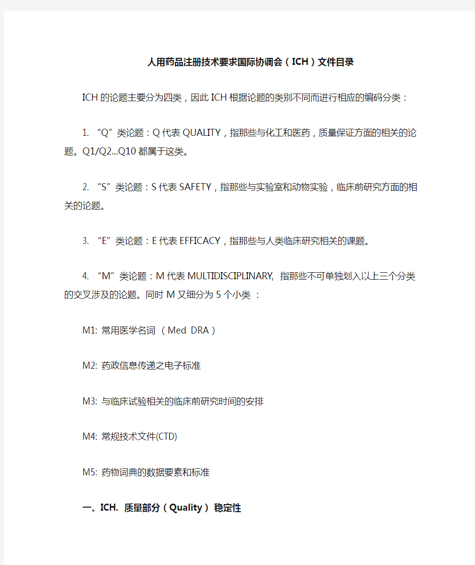 ICH 指导原则文件目录(中英文)