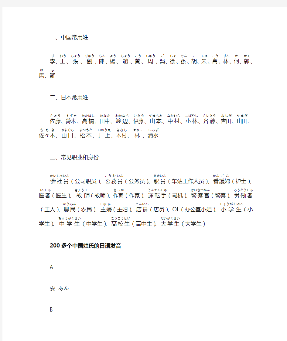 中国姓氏的日语念法