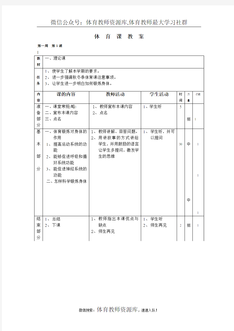 六年级下学期体育教案