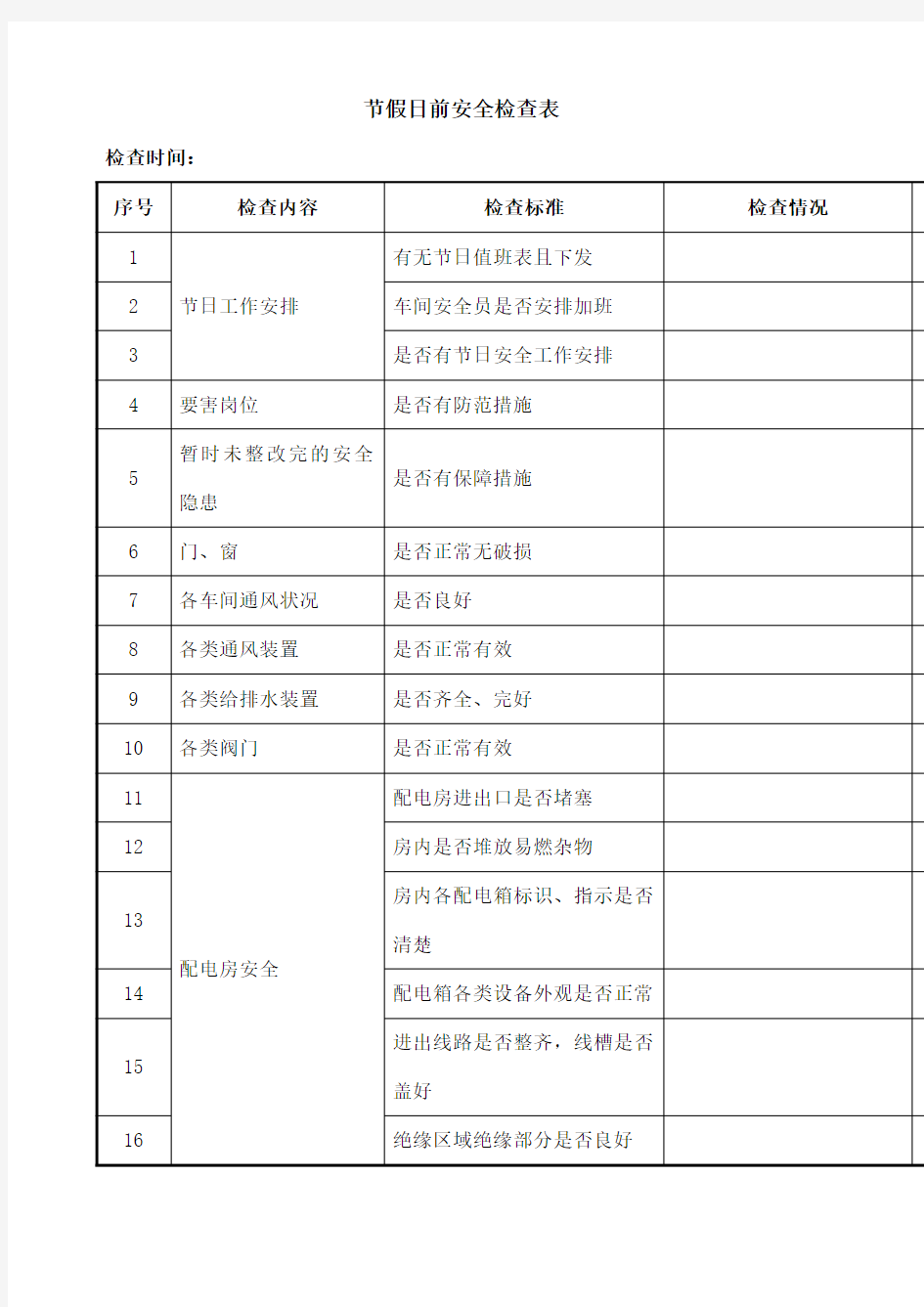 节假日前安全检查表 