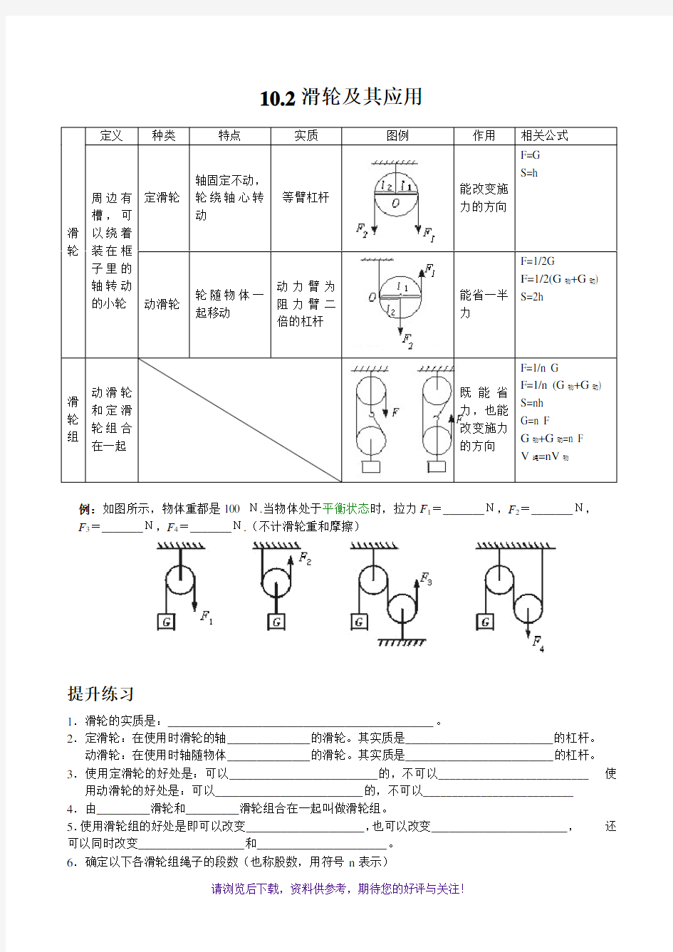 滑轮知识点及练习