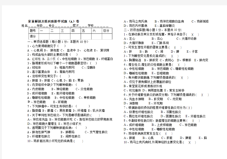 家畜解剖及组织胚胎学试题