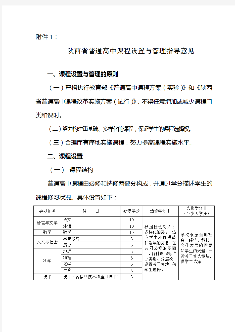 陕西省普通高中课程设置与管理指导意见