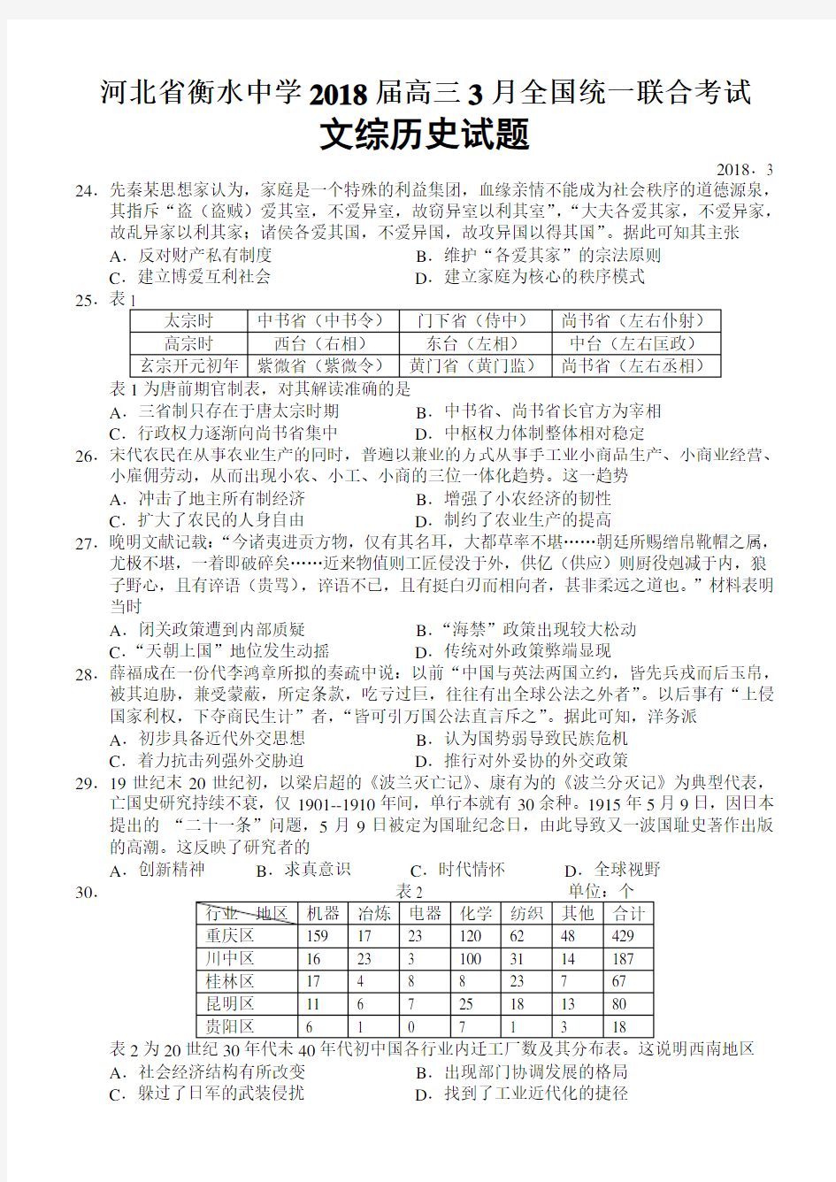 河北省衡水中学2018届高三3月全国统一联合考试文综历史试题