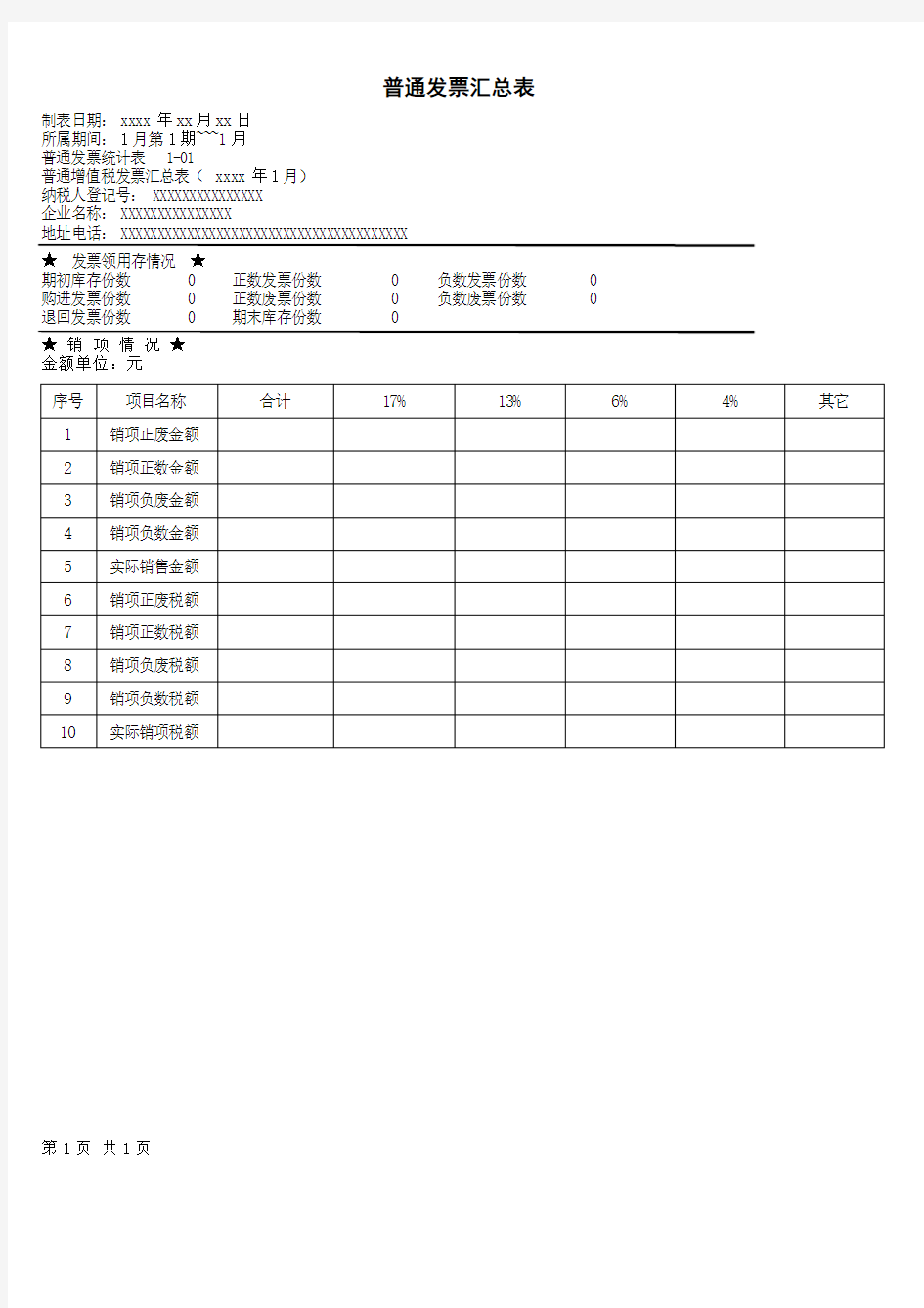 普通发票汇总表及明细表