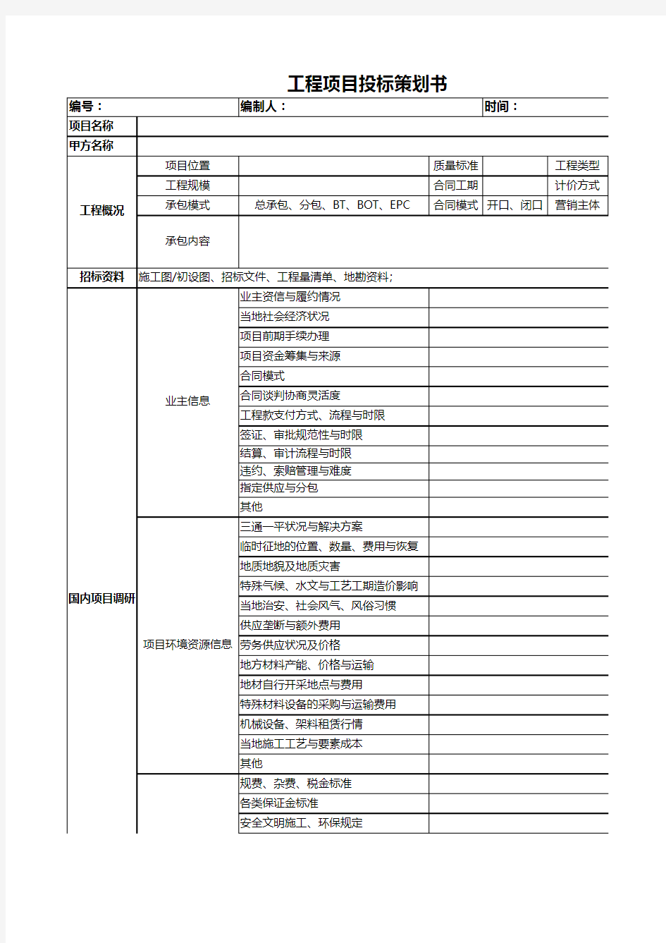 工程项目投标策划书(模版)