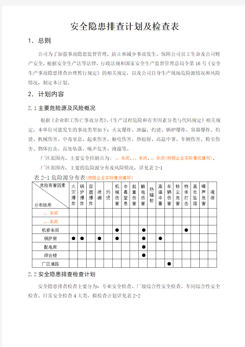 安全隐患排查计划及检查表教程文件