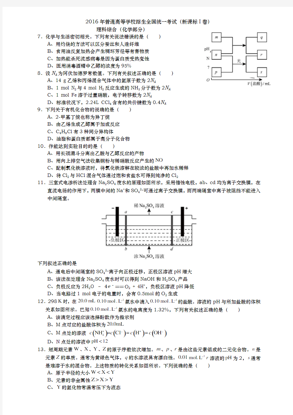 2016高考全国卷1理综化学(含答案与解析)