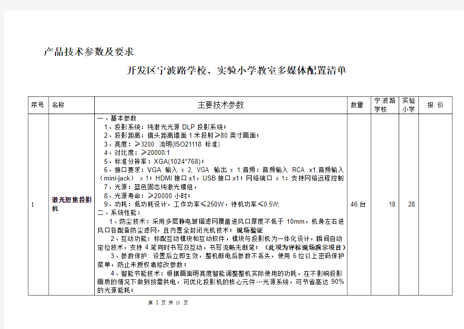 产品技术参数及要求