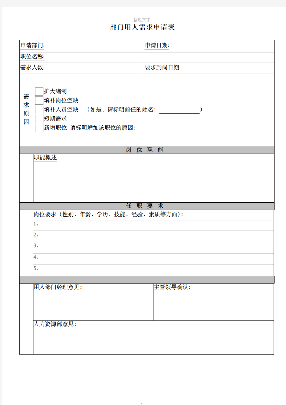 部门用人需求申请表1