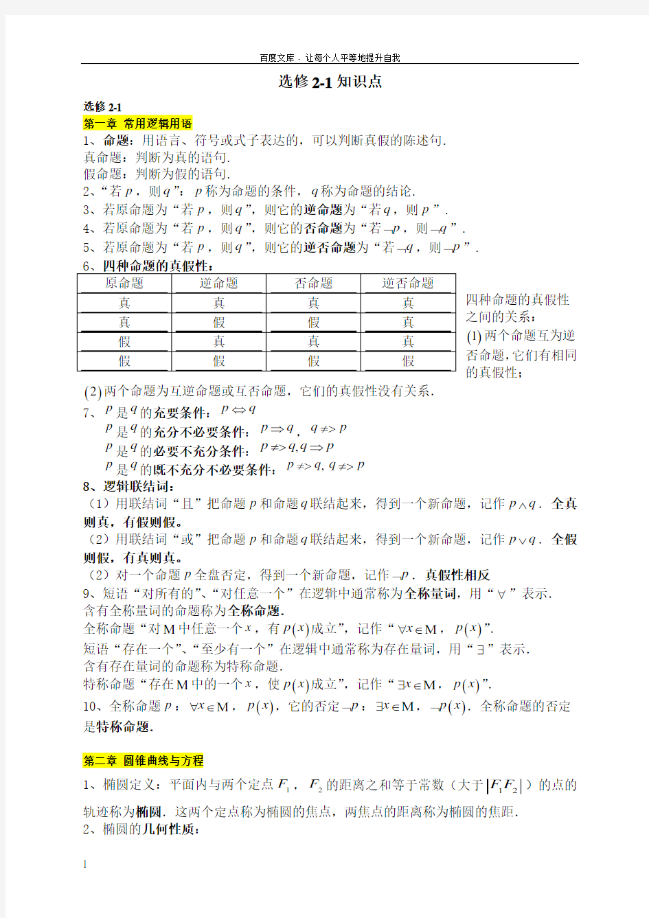 人教版高中数学选修21知识点小结