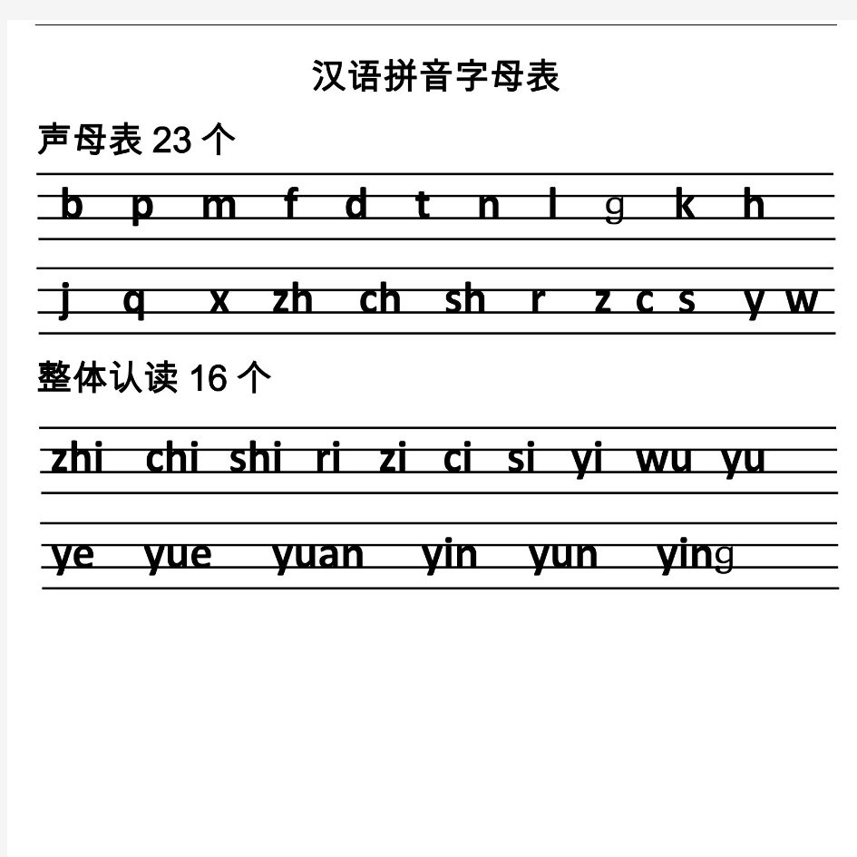 汉语拼音字母表(四线格)声母 单韵母 复韵母 整体认读