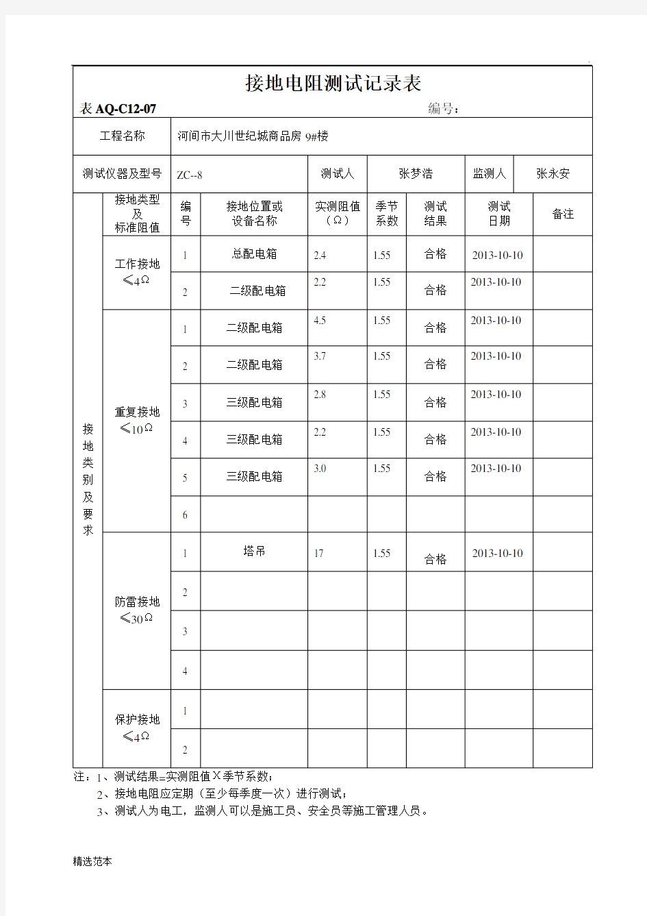 接地电阻测试记录表最新