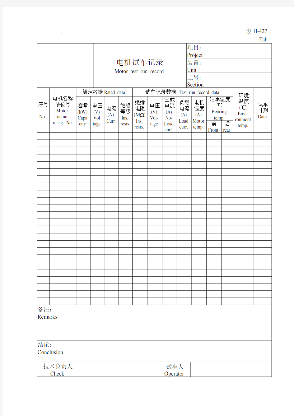 H-427电机试车记录