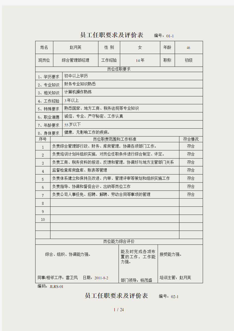 员工任职要求及评价表