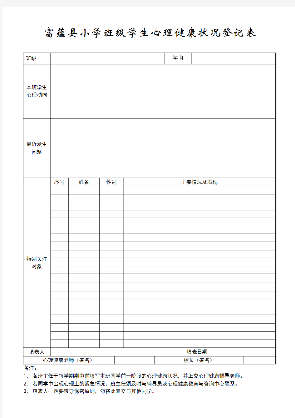 班级学生心理健康状况登记表