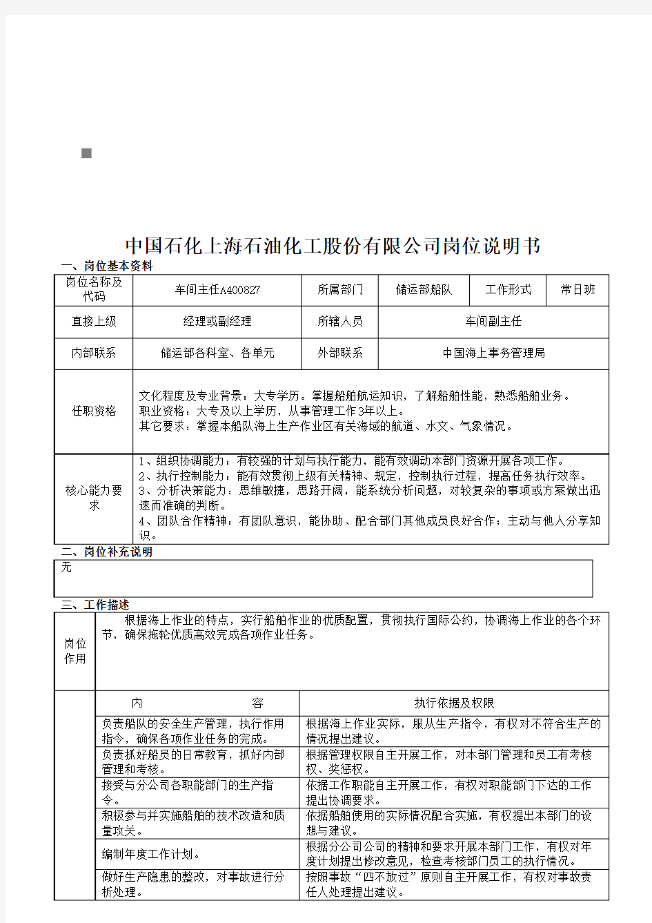 石油公司岗位说明书