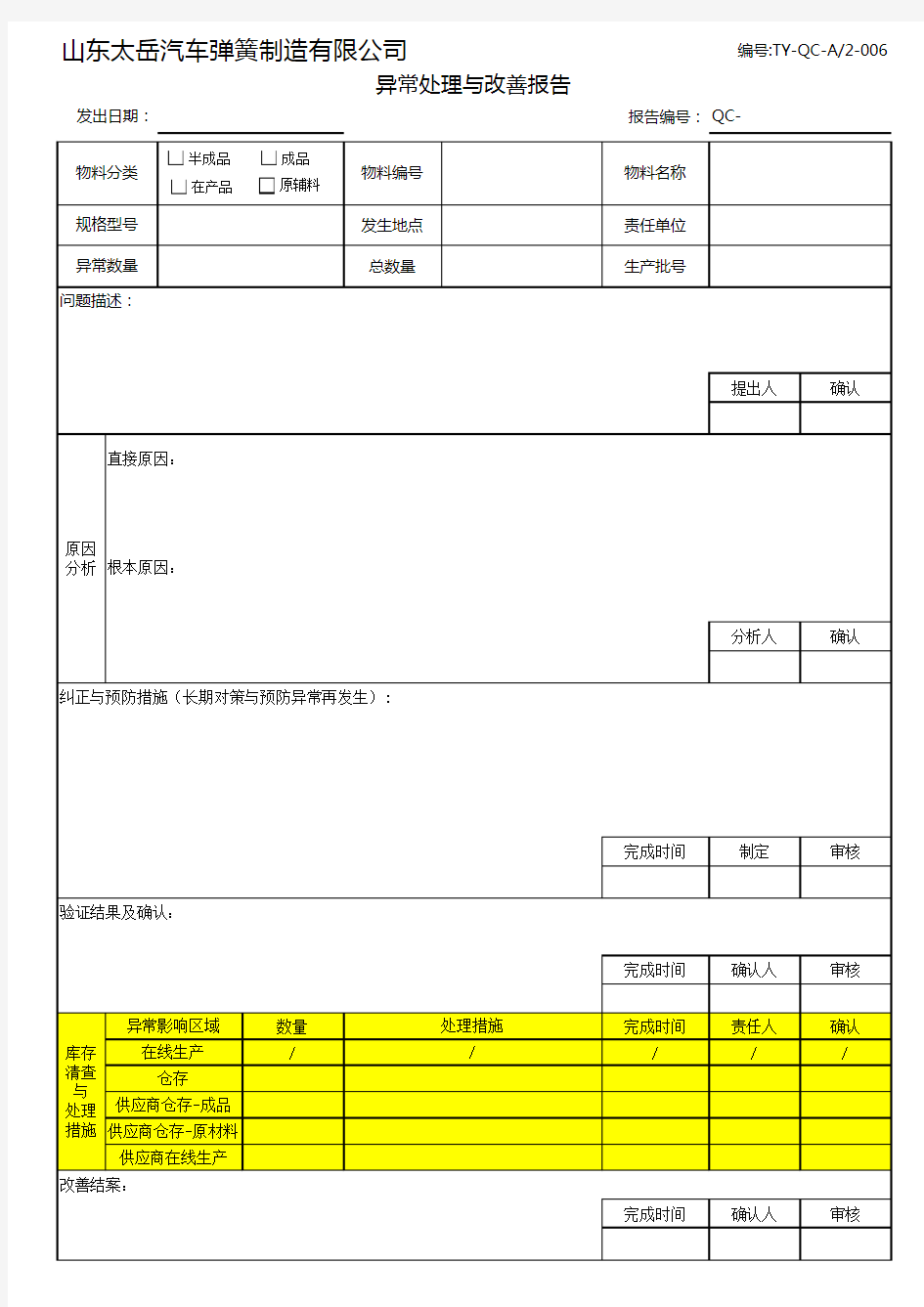 品质异常处理与改善报告模板