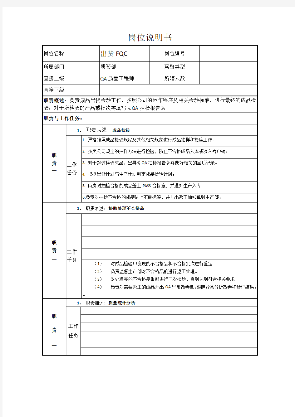 岗位说明书(FQC检验员)