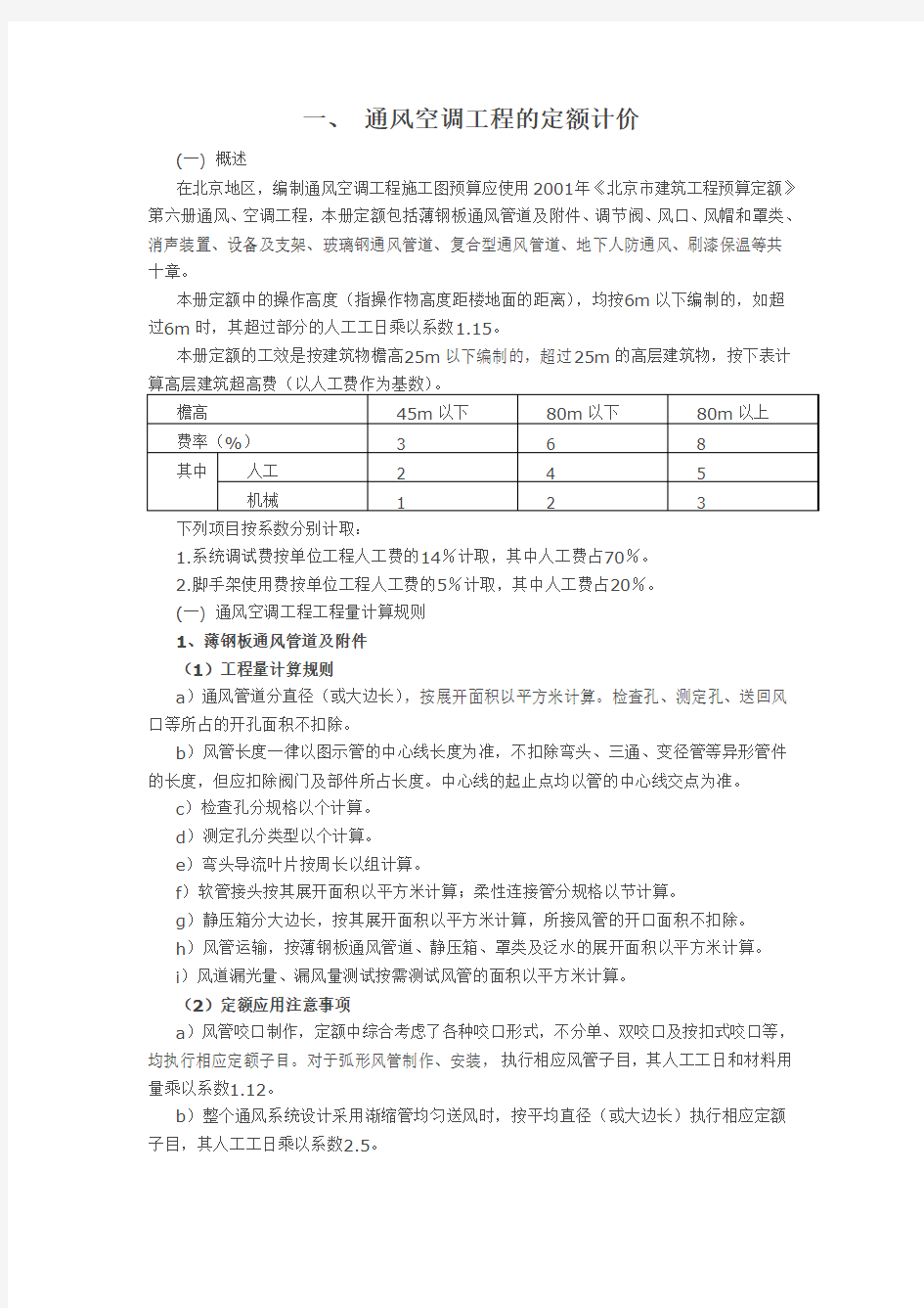 通风空调工程的定额计价