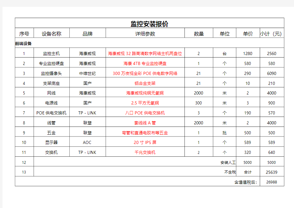 监控安装报价清单