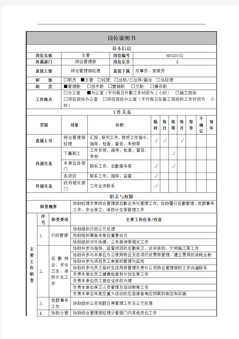 综合管理部主管岗位说明书