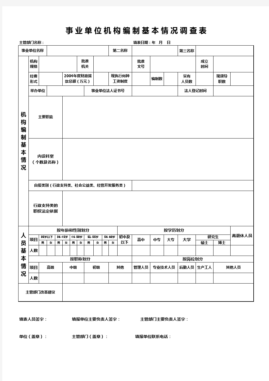 事业单位机构编制基本情况调查表格