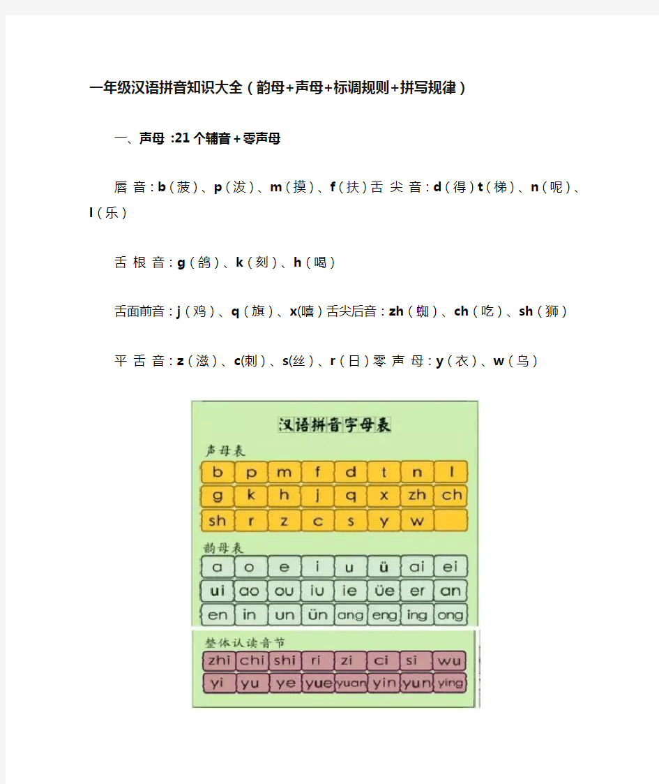 一年级汉语拼音知识大全(韵母+声母+标调规则+拼写规律)