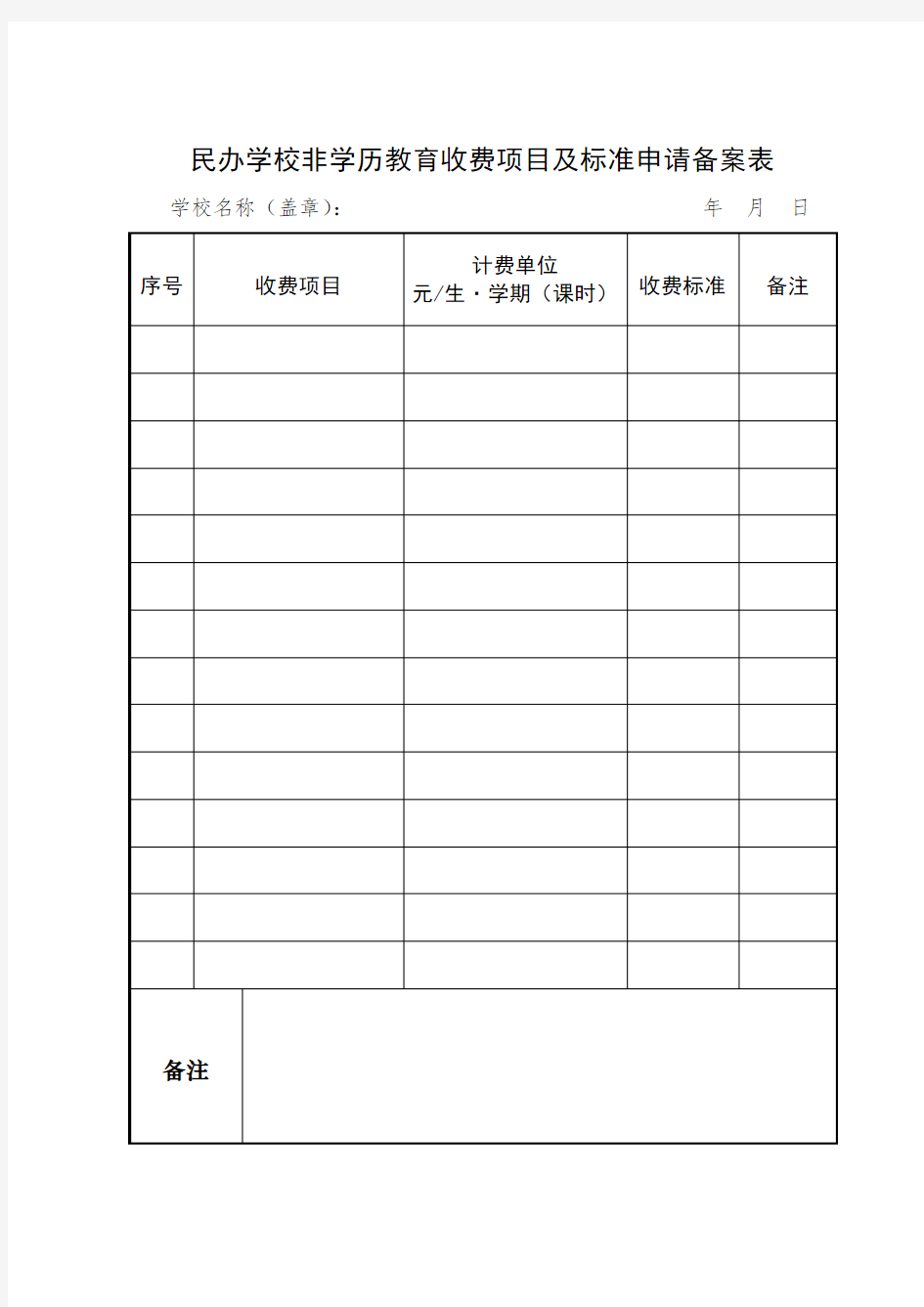 民办学校非学历教育收费项目及标准申请备案表