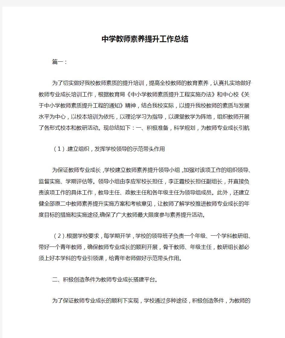 中学教师素养提升工作总结