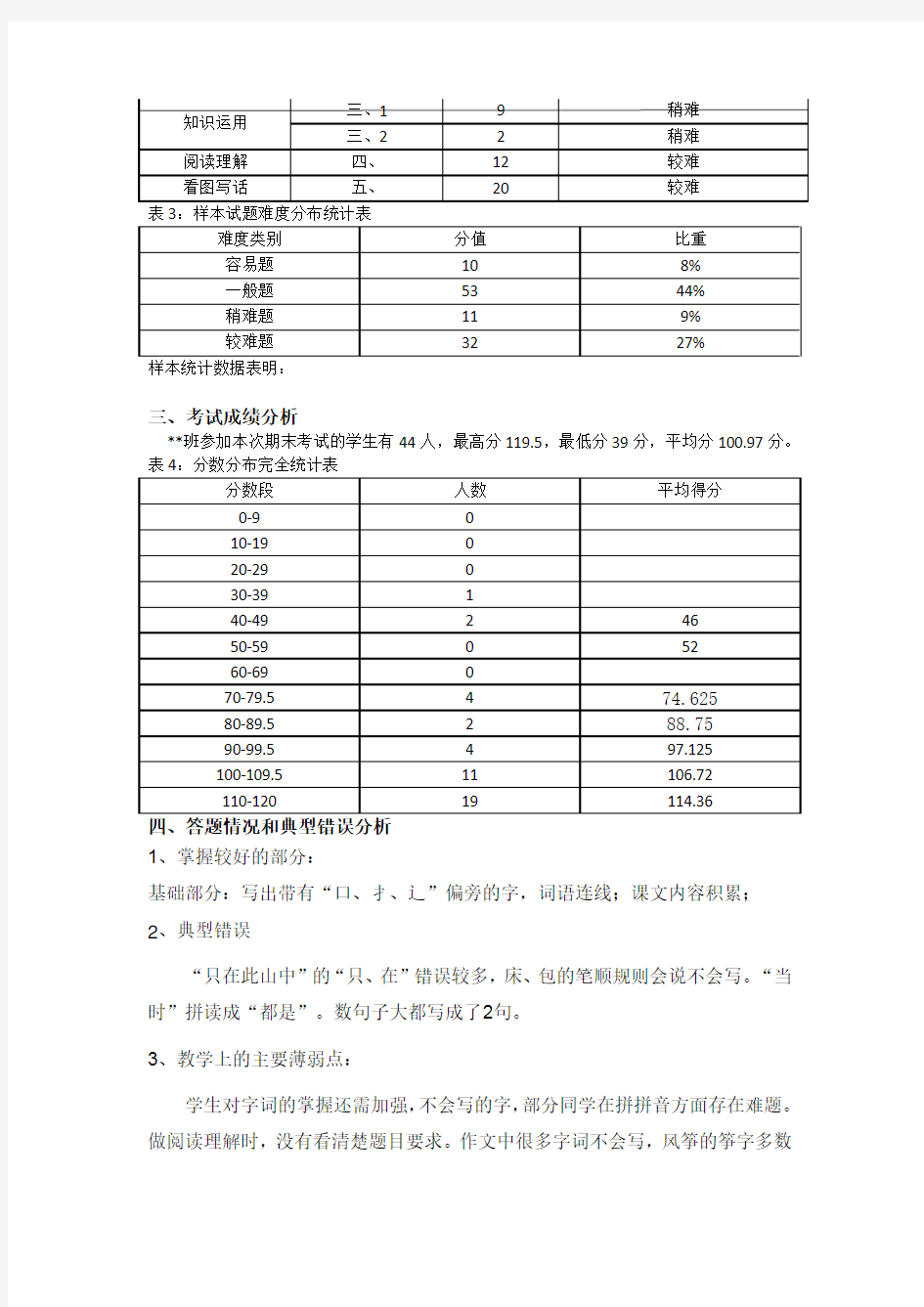 一年级期中考试质量分析报告