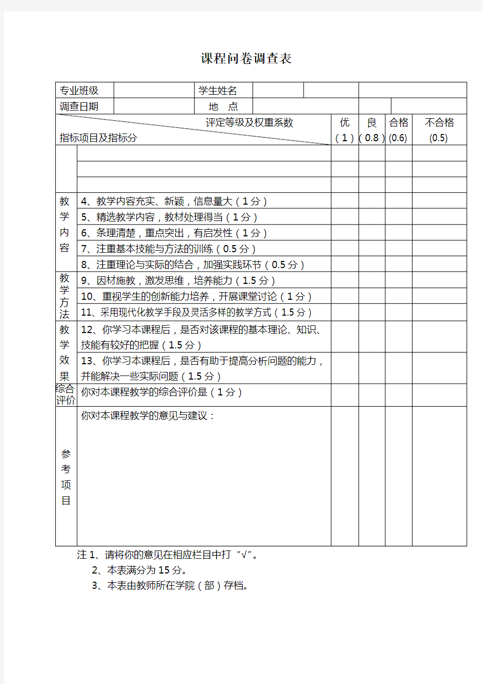 课程问卷调查表(二)