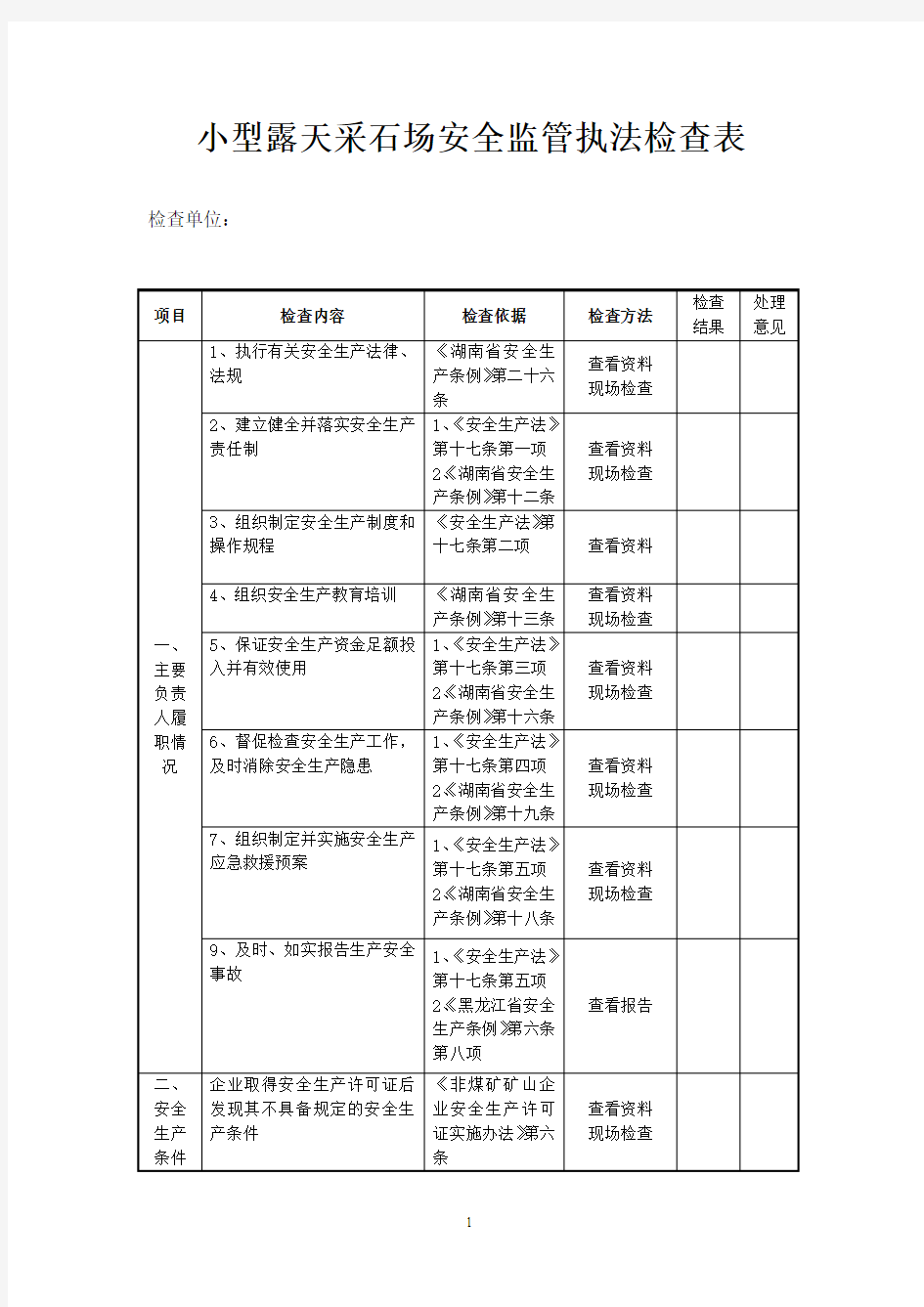 小型露天采石场安全监管执法检查表