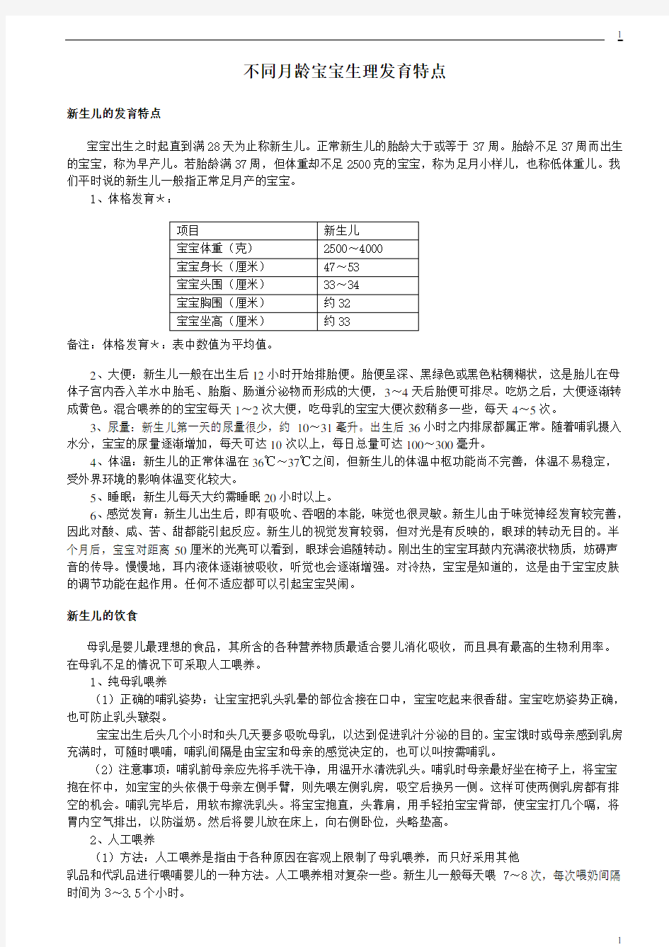 不同月龄宝宝生理发育特点