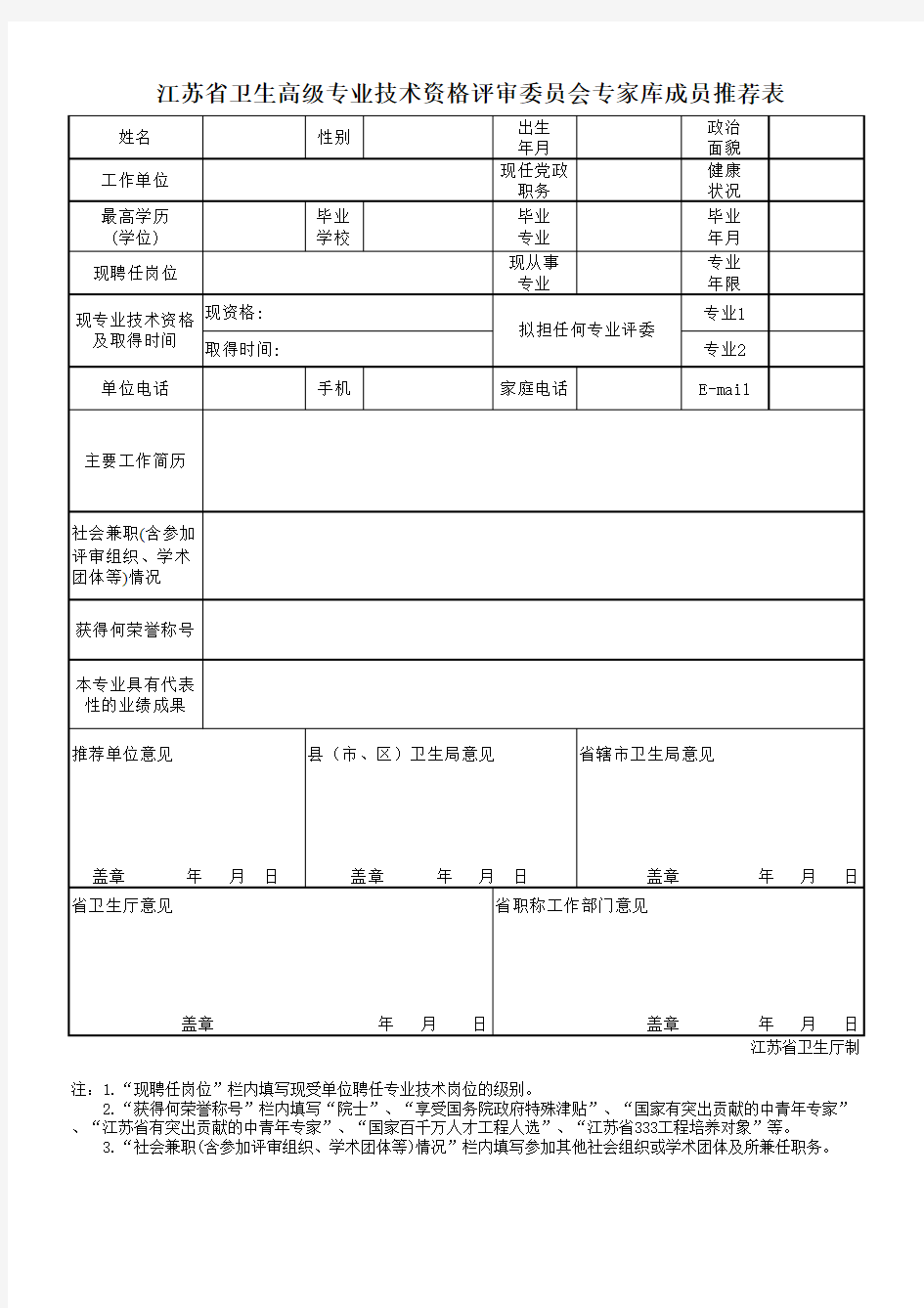 空表-附件：江苏省卫生高级专业技术资格评审委员会专家库成员推荐表