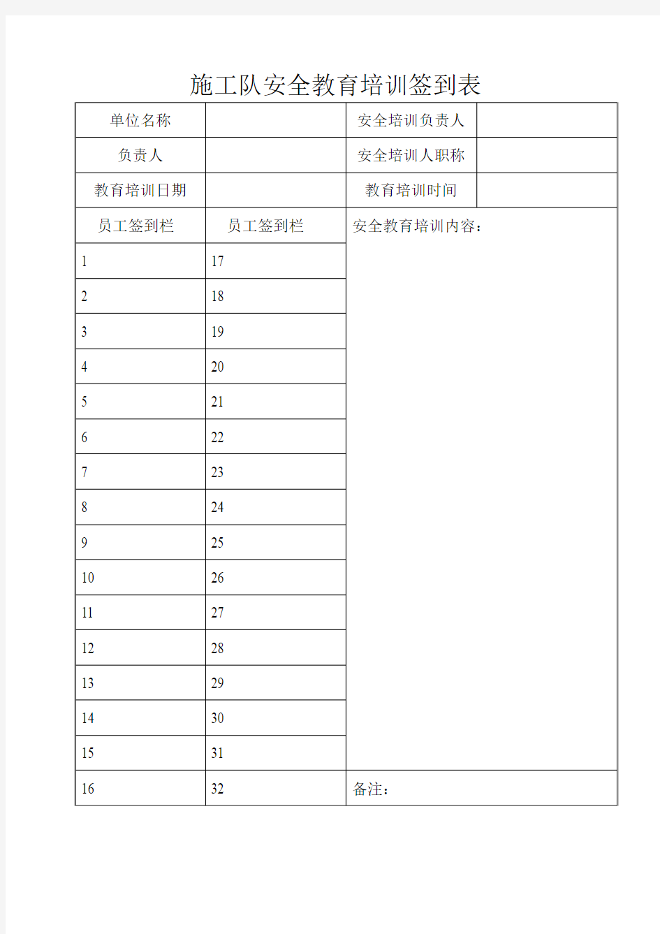 施工队进厂安全教育培训签到表