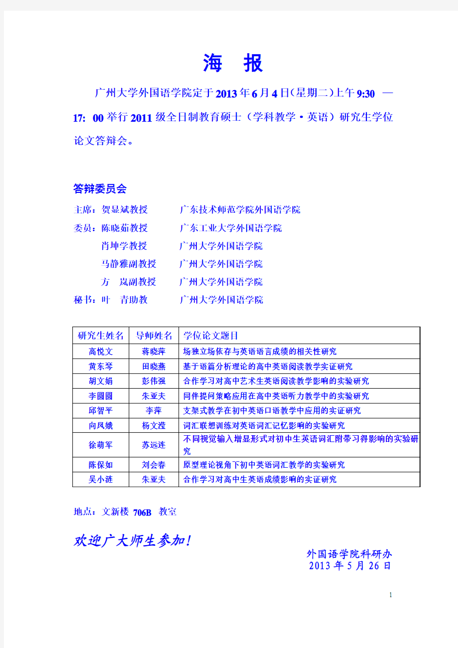 广州大学外国语学院2013年研究生学位论文答辩海报(教育硕士)