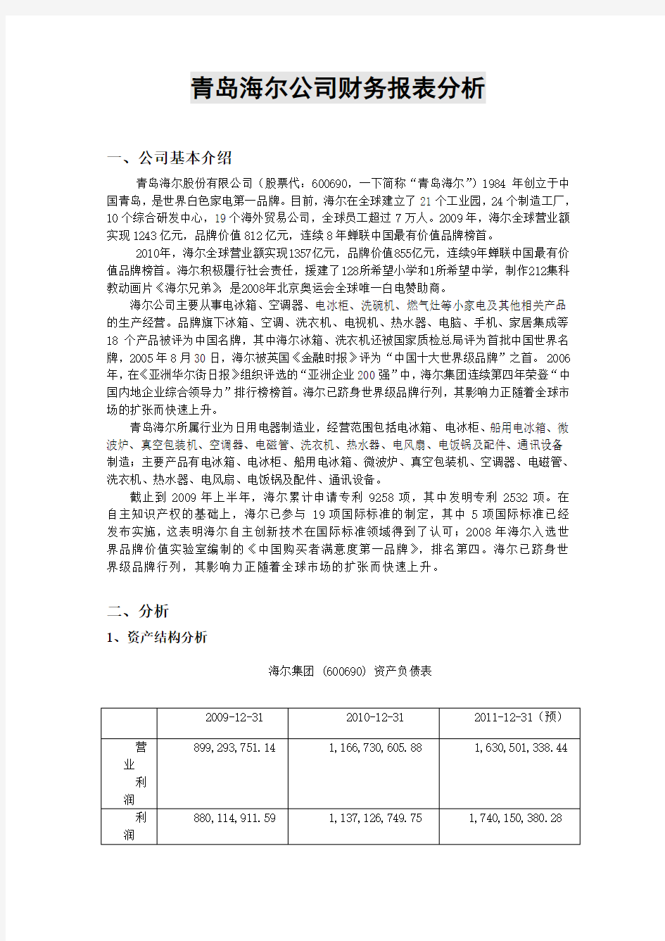 青岛海尔公司财务报表分析