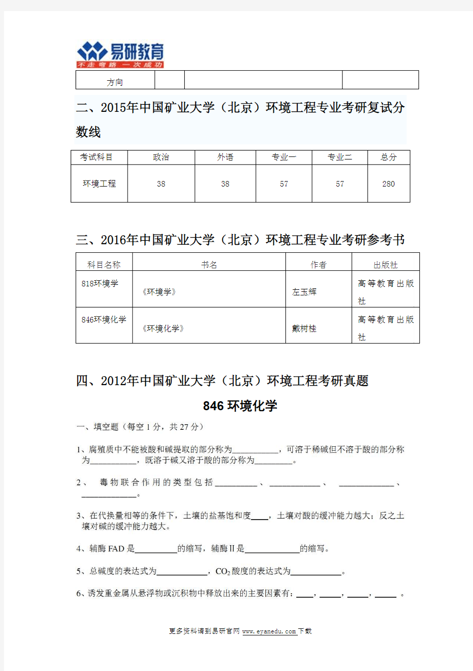 2016中国矿业大学(北京)环境工程(化学与环境工程学院)考研专业目录招生人数参考书目历年真题复试分数线