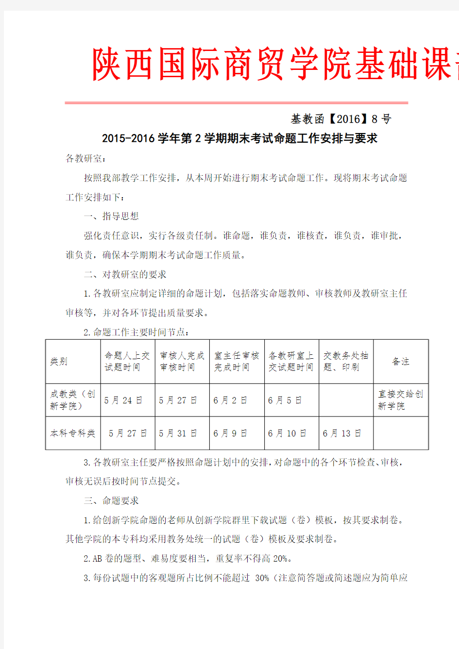 2015-2016第2学期期末考试命题工作安排与要求 (1)