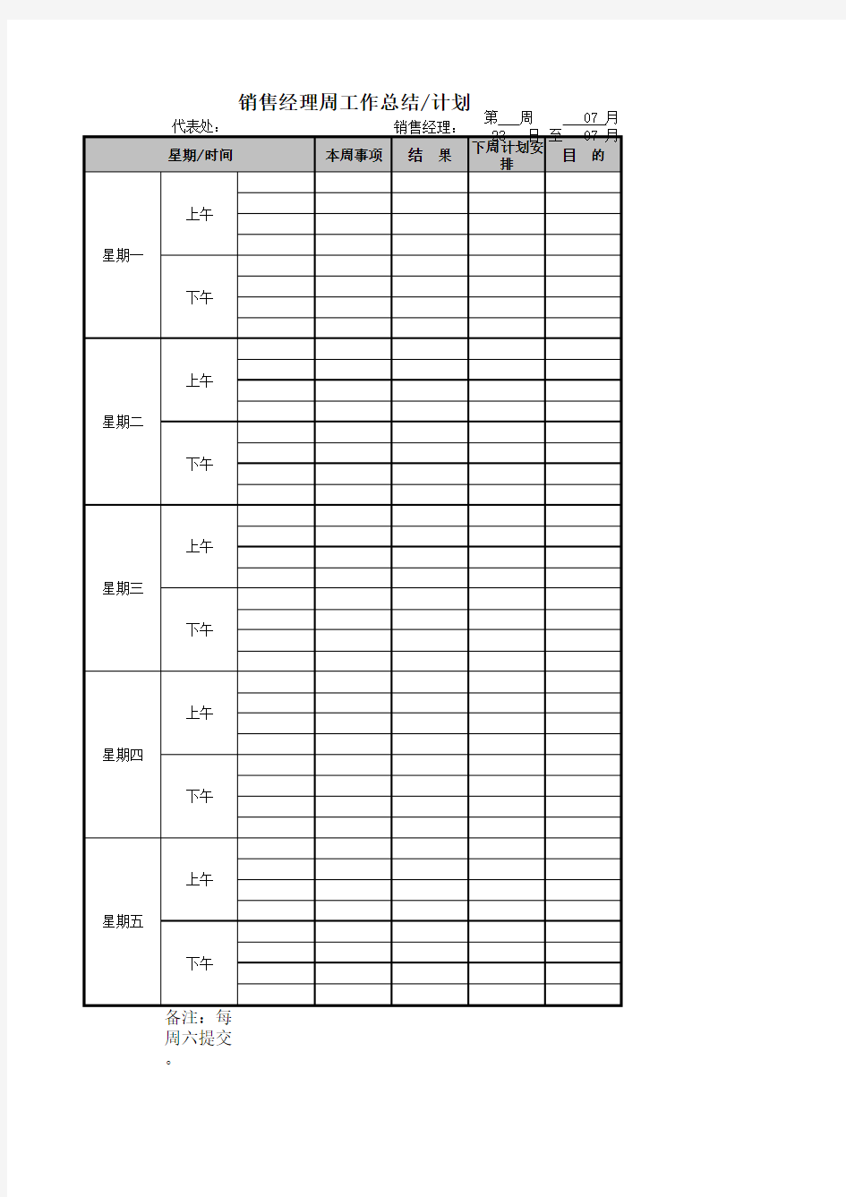 销售人员周报表模板 Excel 工作表