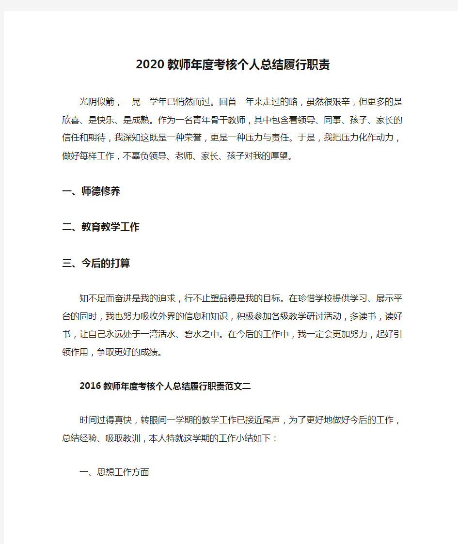 2020教师年度考核个人总结履行职责