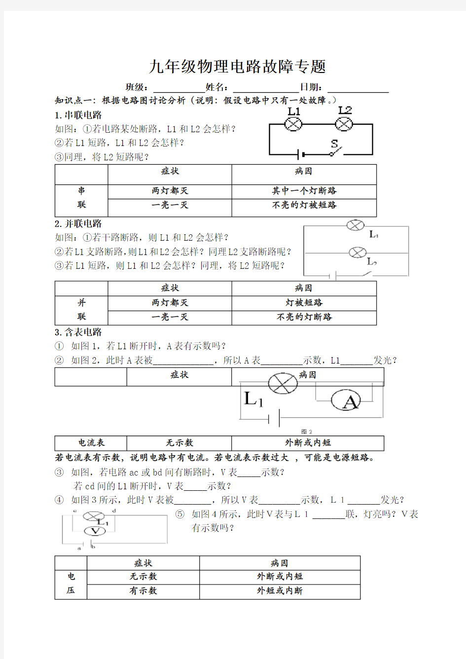 九年级物理电路故障专题